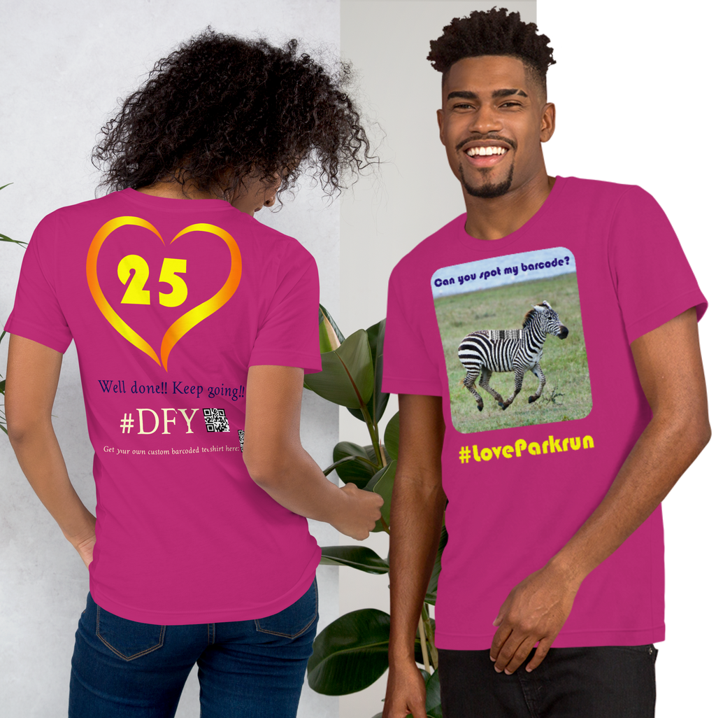 parkrun zebra 25 t-shirt with your unique barcode