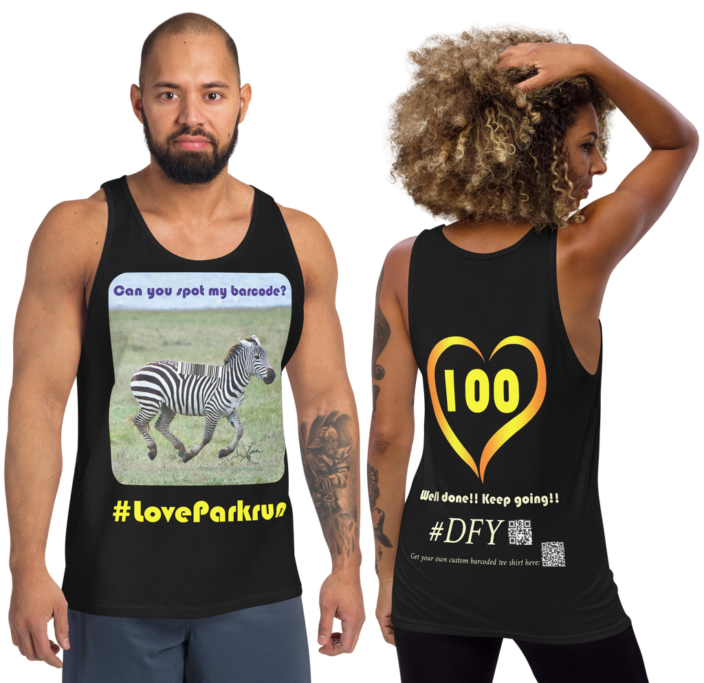 parkrun zebra 100 tank top with your unique barcode