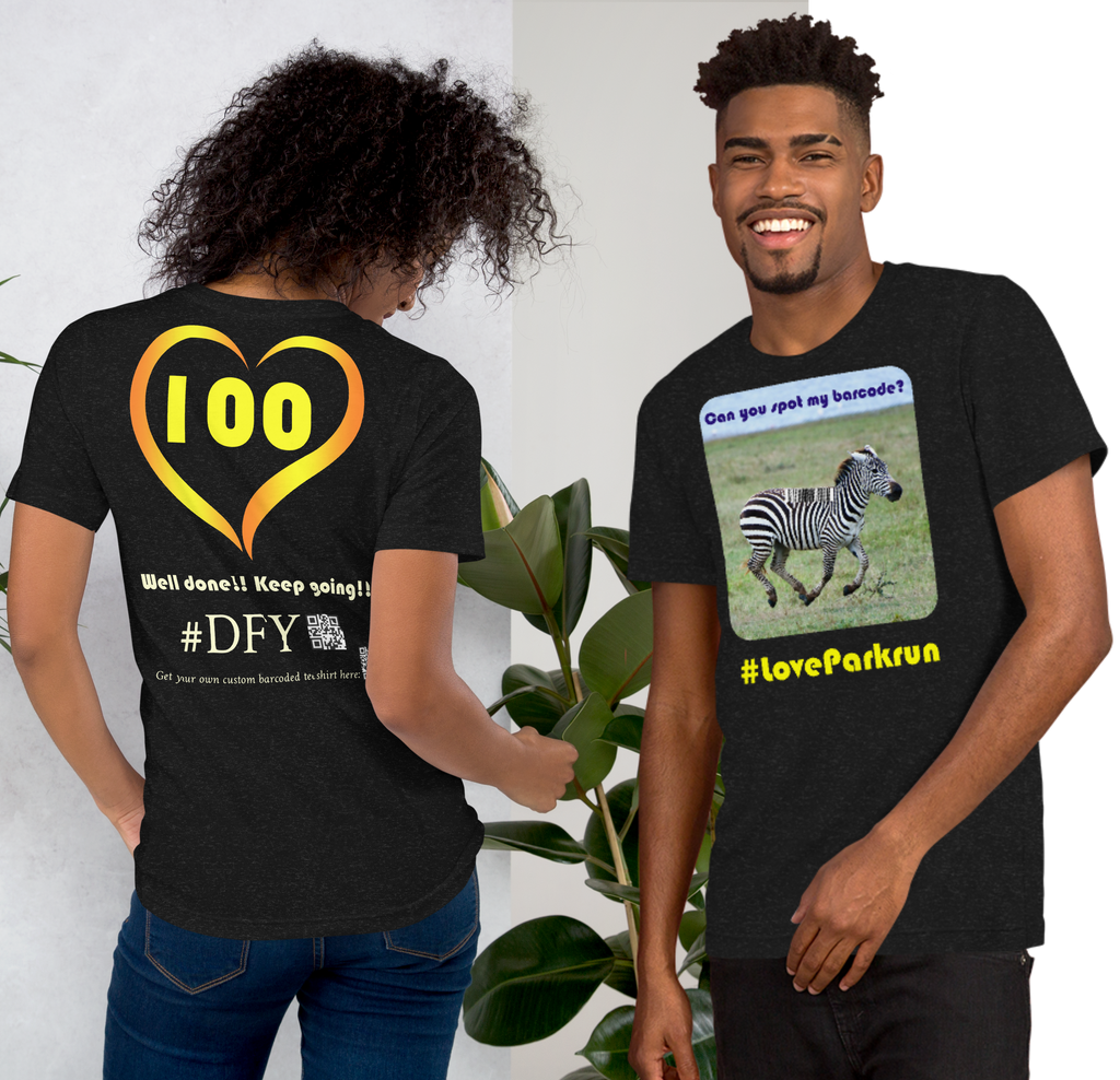 parkrun zebra 100 t-shirt with your unique barcode