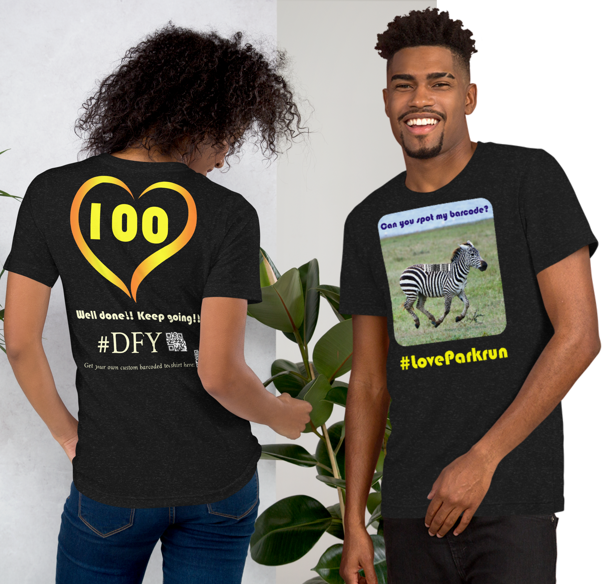 parkrun zebra 100 t-shirt with your unique barcode