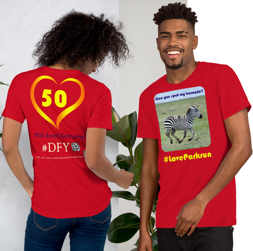 parkrun zebra 50 t-shirt with your unique barcode