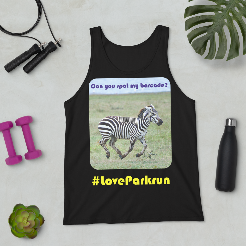 parkrun zebra 100 tank top with your unique barcode