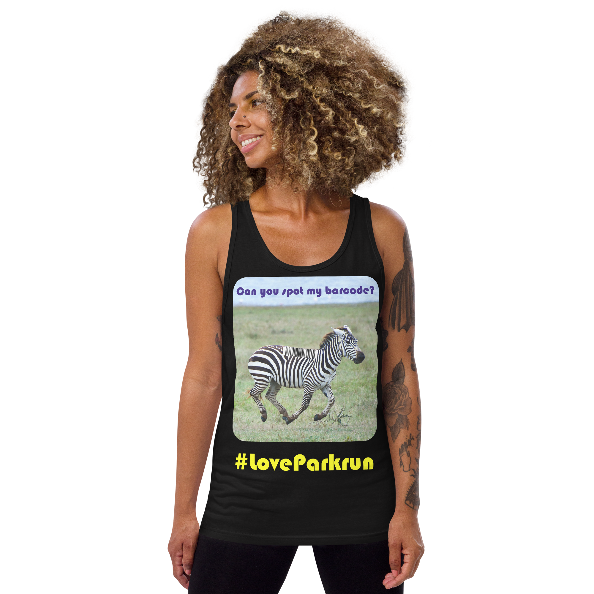 parkrun zebra 100 tank top with your unique barcode