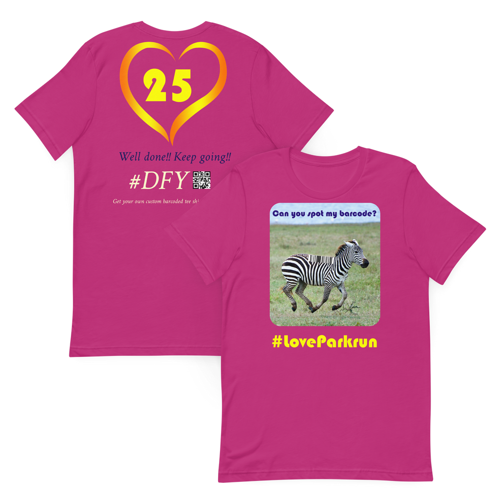 parkrun zebra 25 t-shirt with your unique barcode