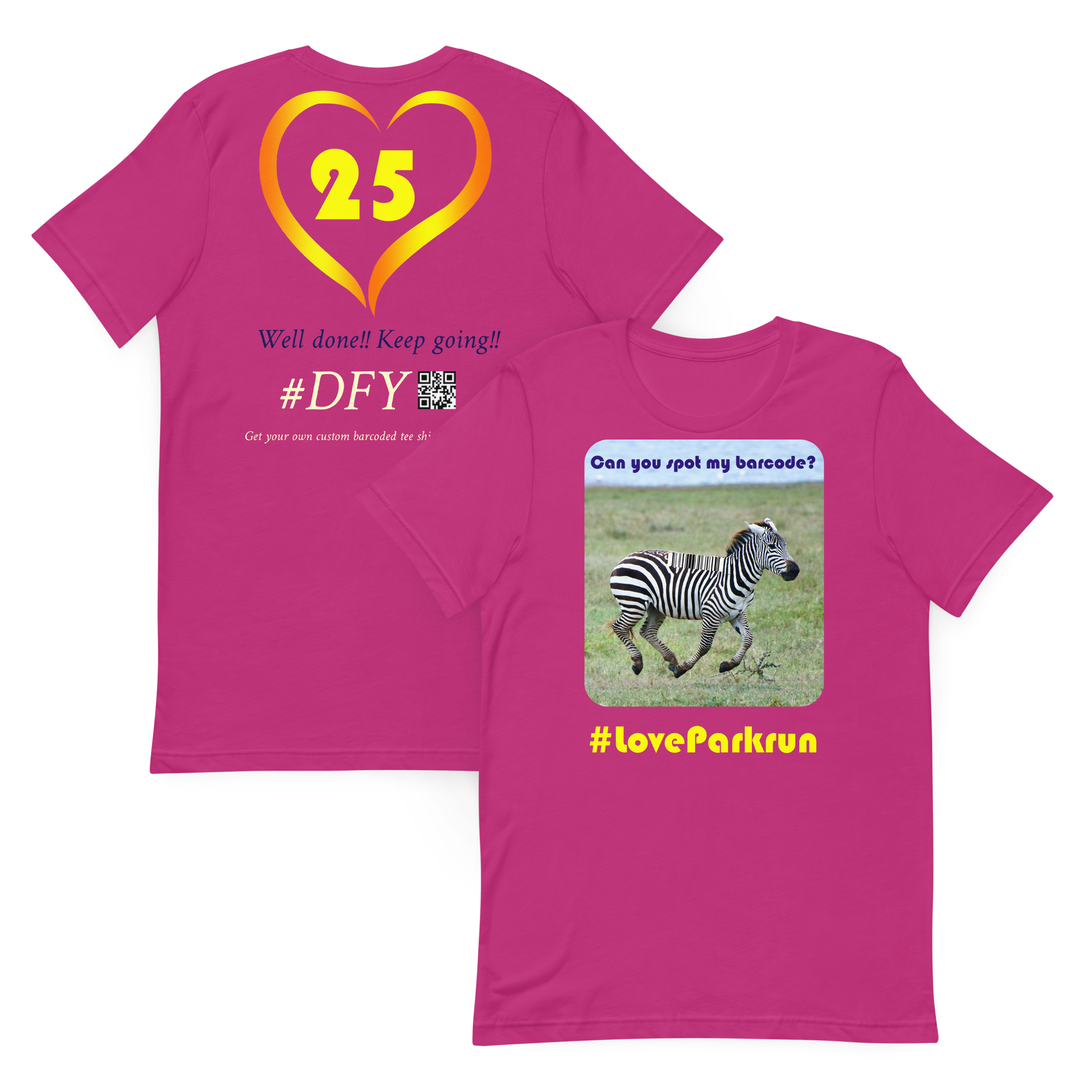 parkrun zebra 25 t-shirt with your unique barcode