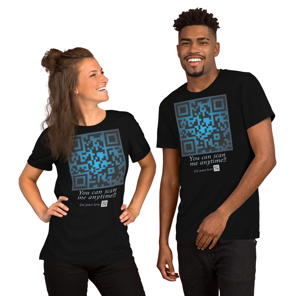 Unisex black Tee Shirt with a unique editable QR code