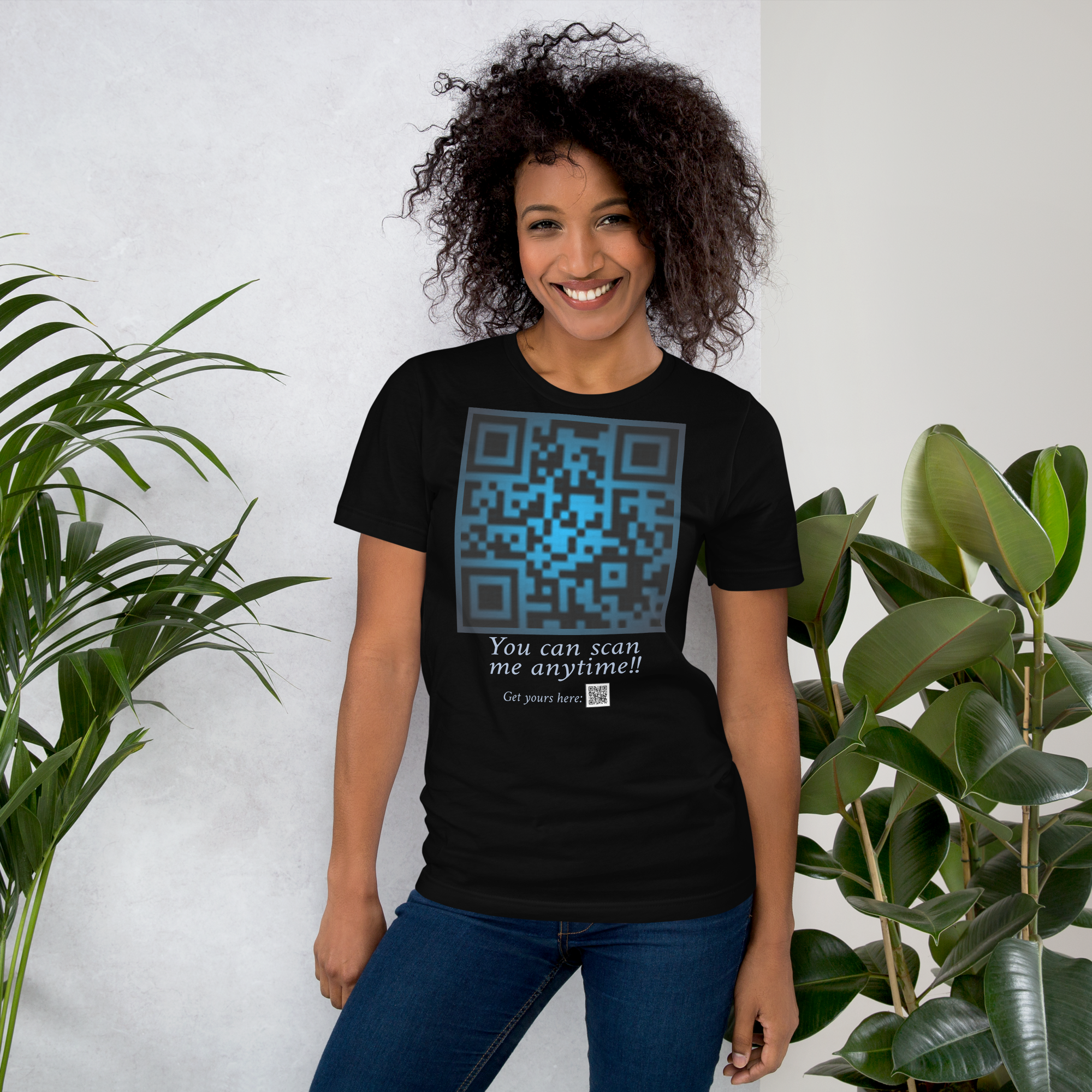 Unisex black Tee Shirt with a unique editable QR code