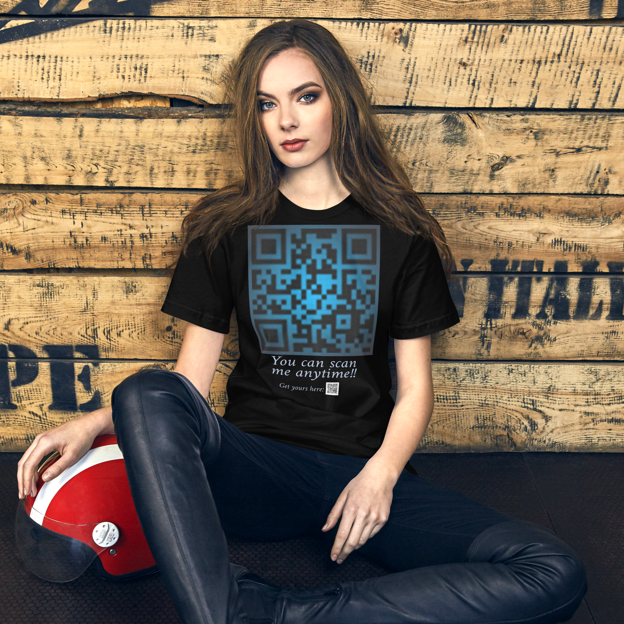 Unisex black Tee Shirt with a unique editable QR code