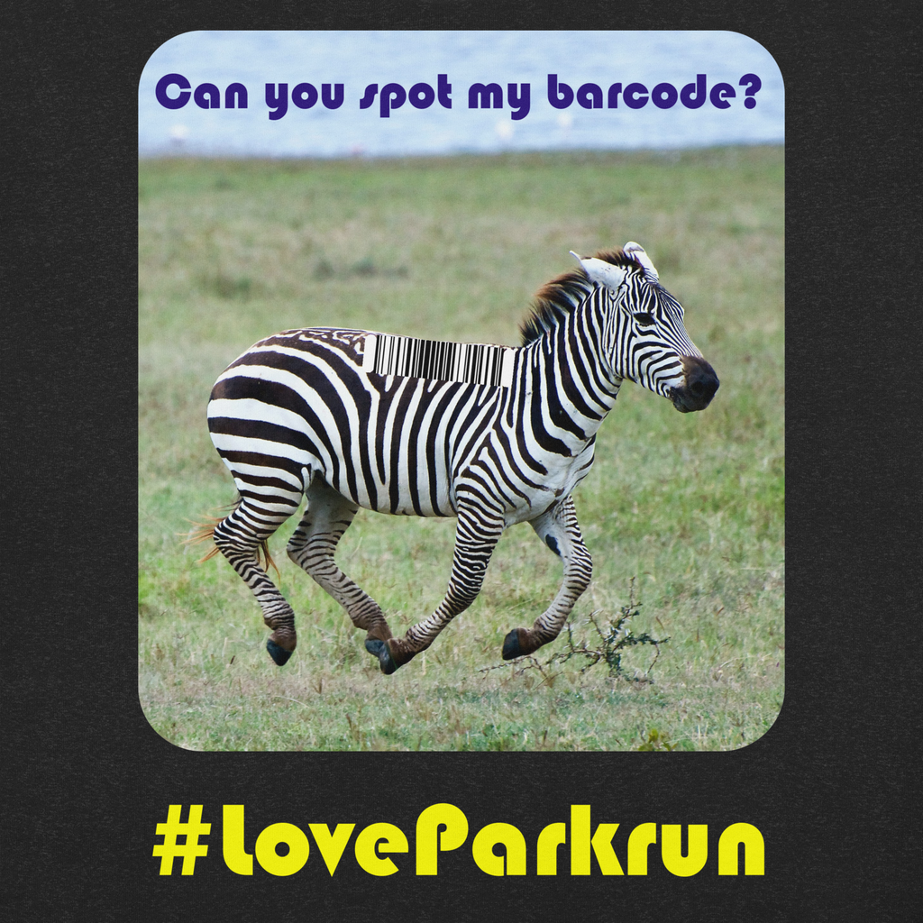 parkrun zebra 100 t-shirt with your unique barcode