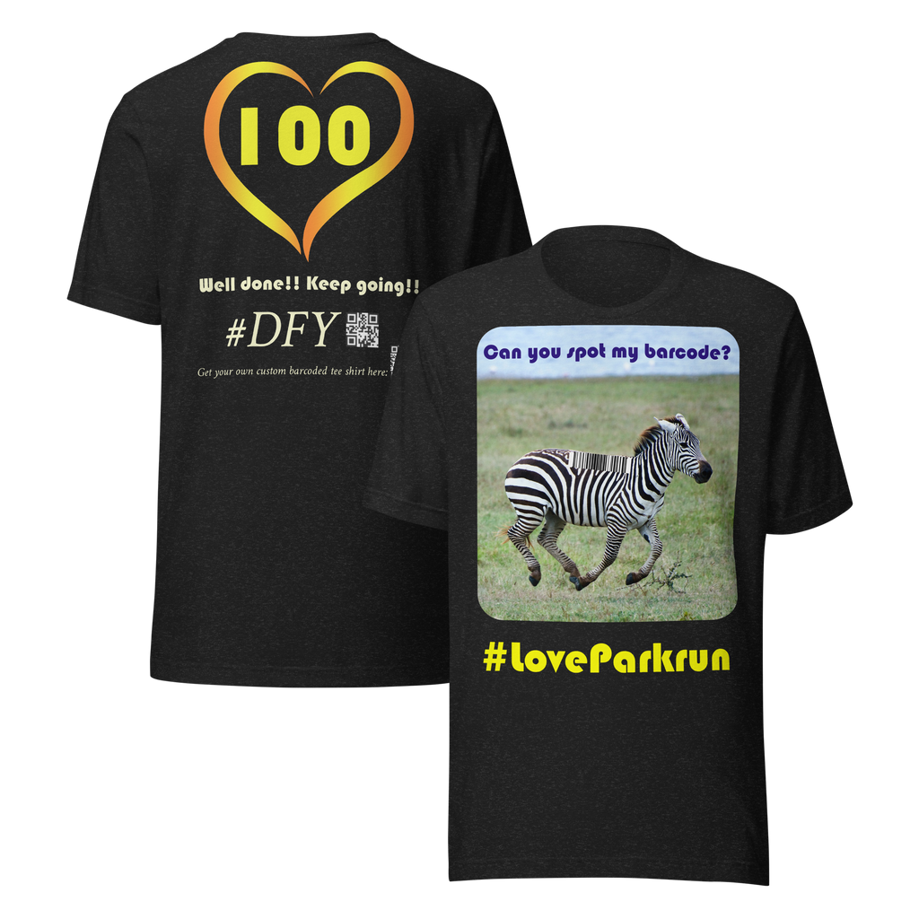 parkrun zebra 100 t-shirt with your unique barcode
