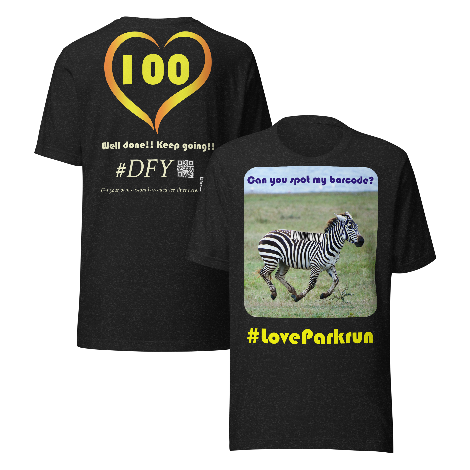 parkrun zebra 100 t-shirt with your unique barcode