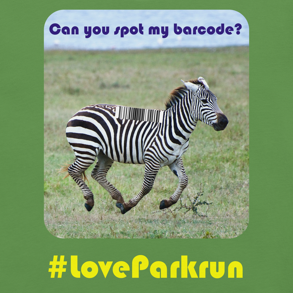 parkrun zebra 250 t-shirt with your unique barcode