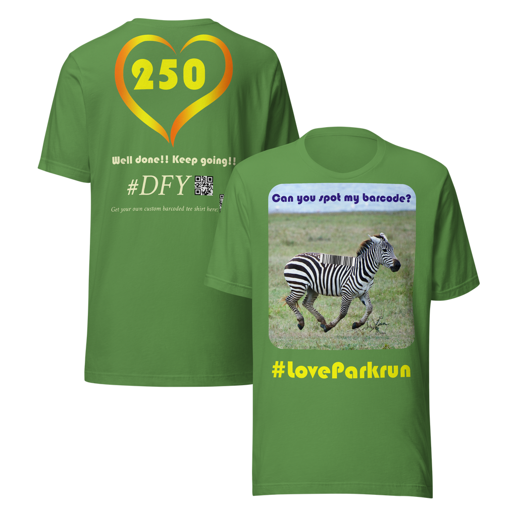 parkrun zebra 250 t-shirt with your unique barcode