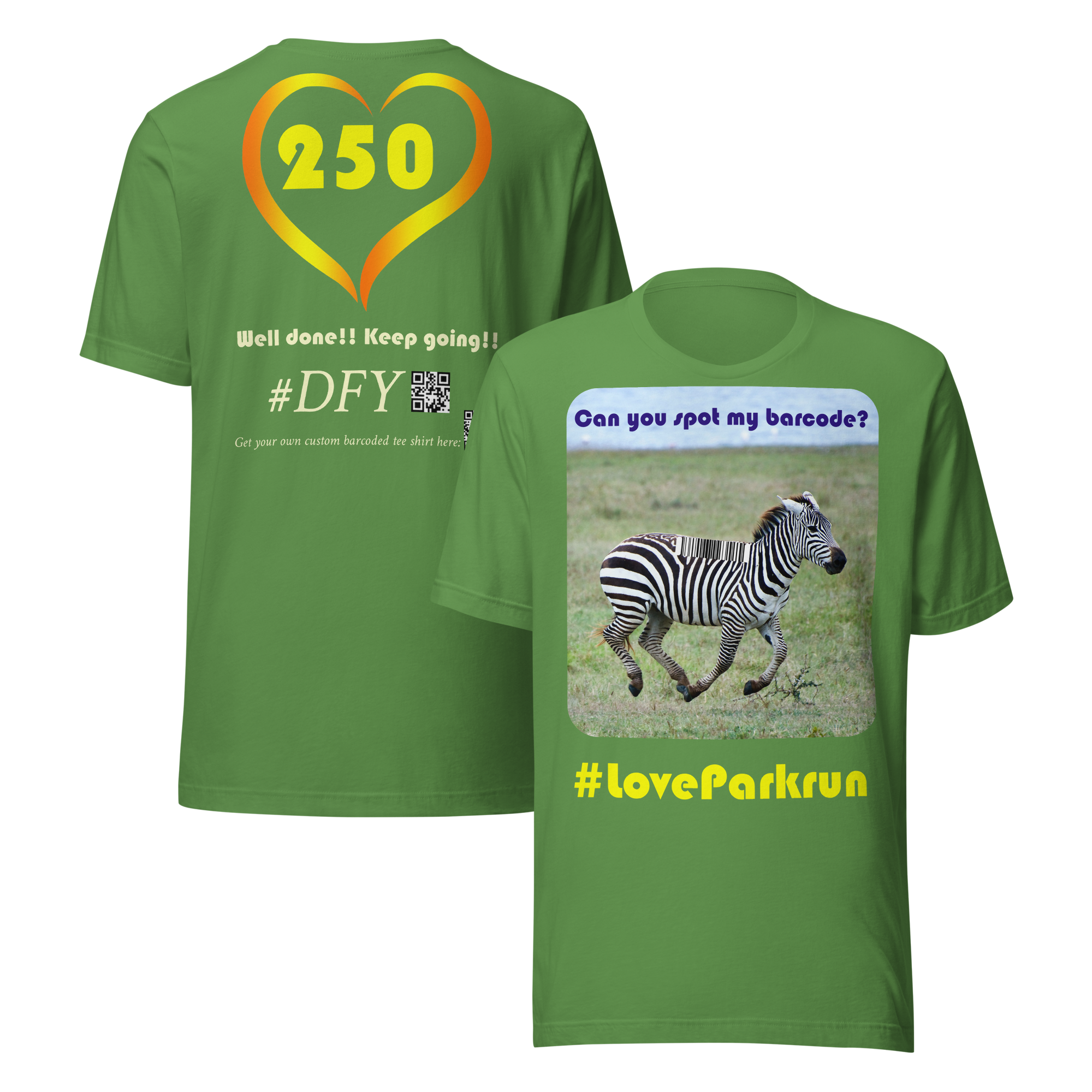 parkrun zebra 250 t-shirt with your unique barcode