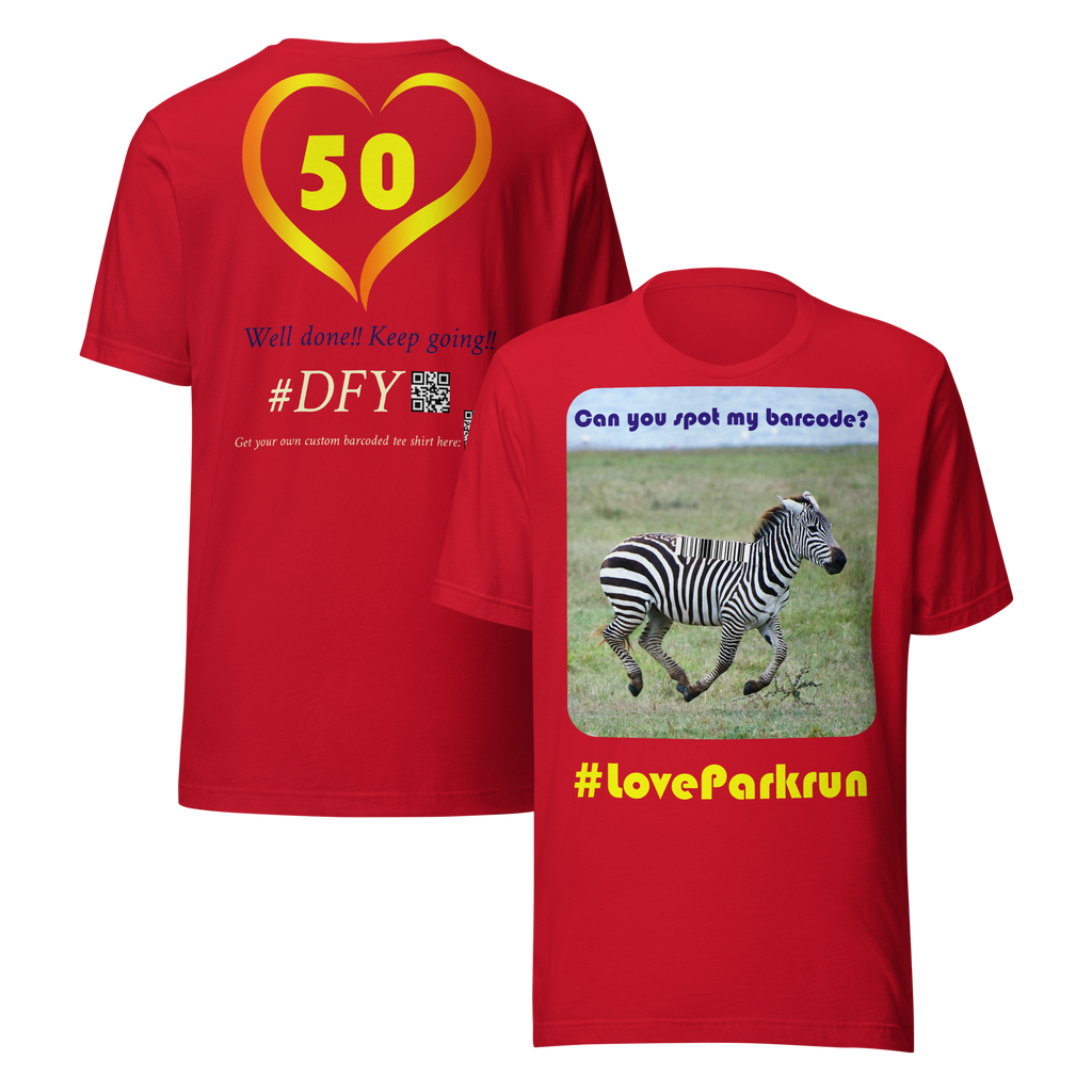 parkrun zebra 50 t-shirt with your unique barcode