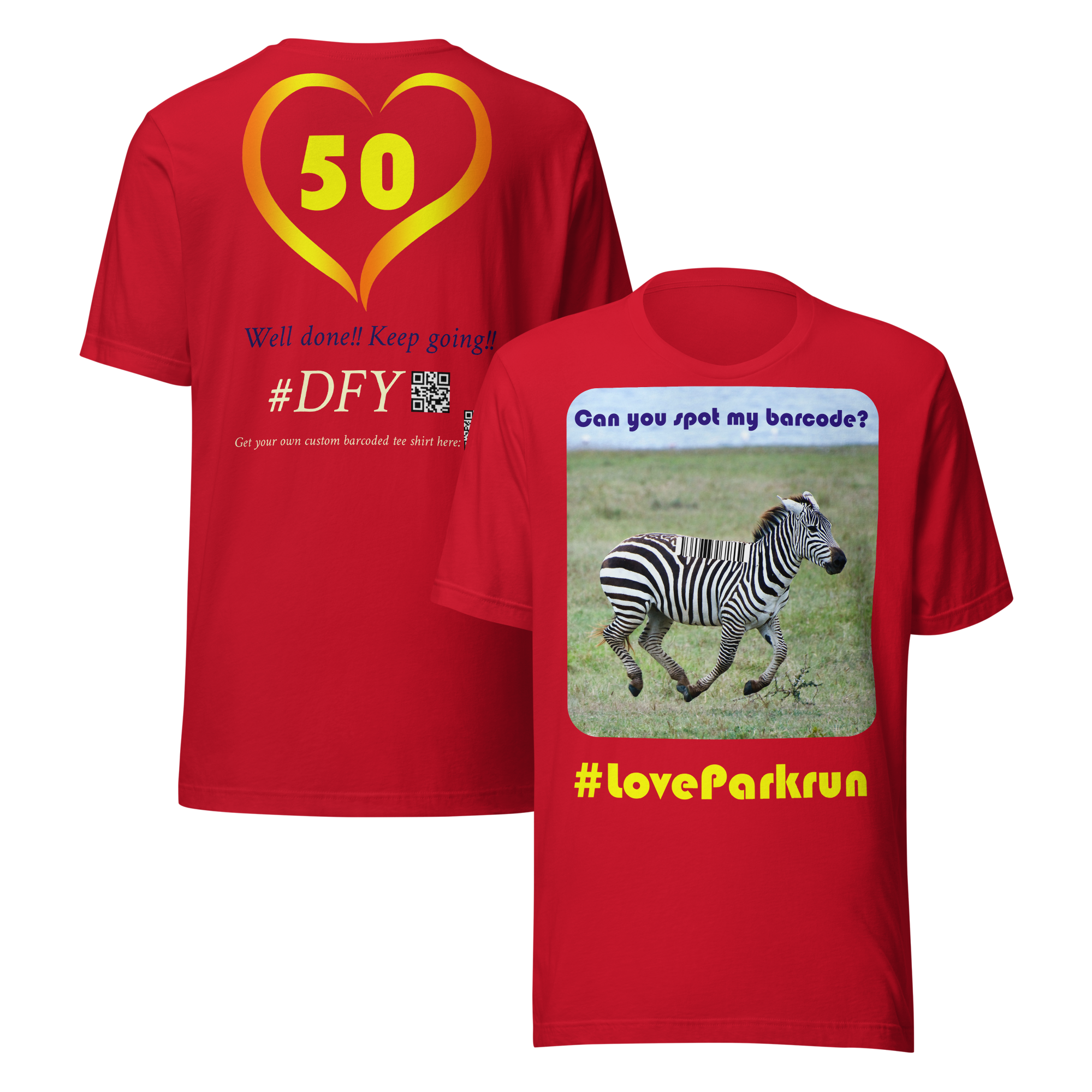 parkrun zebra 50 t-shirt with your unique barcode