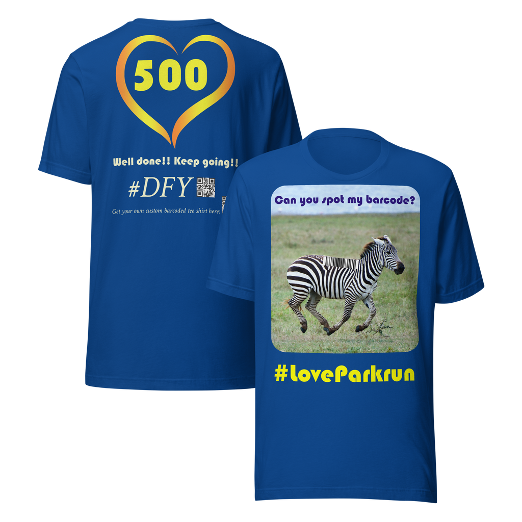 parkrun zebra 500 t-shirt with your unique barcode