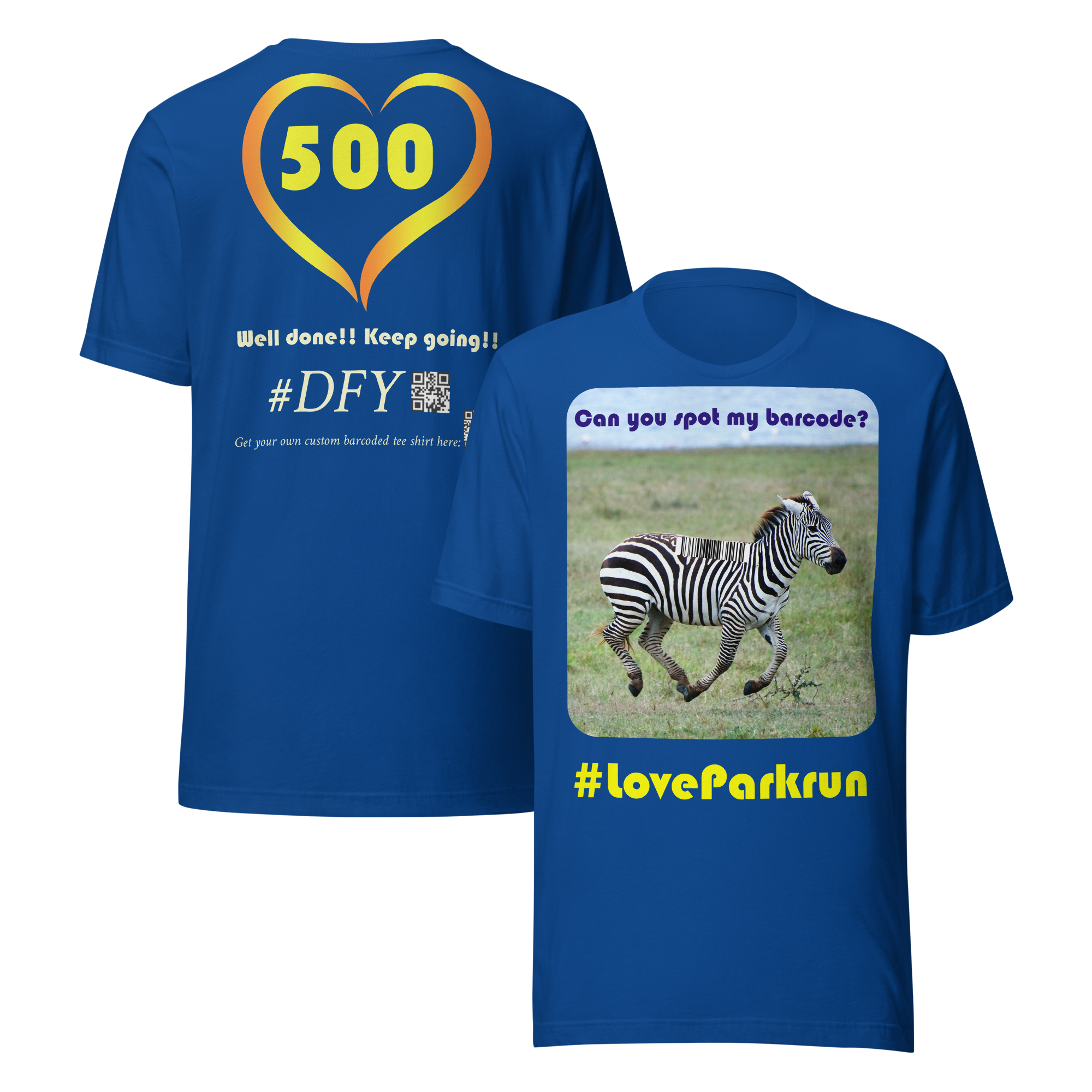 parkrun zebra 500 t-shirt with your unique barcode